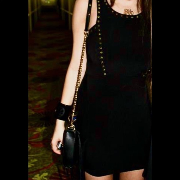 Black high-low mesh halter dress with gold studs - Picture 3 of 3